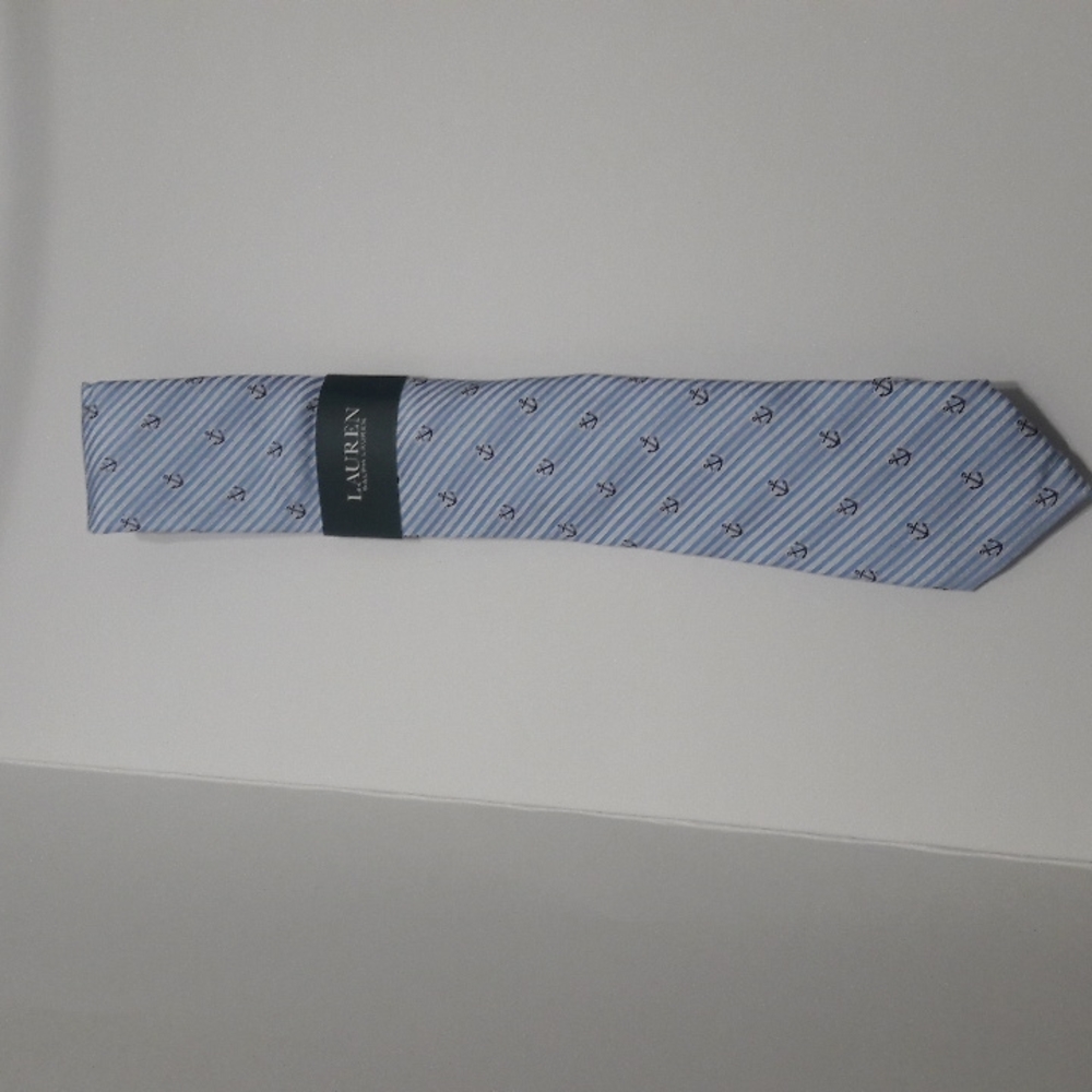 Lauren Ralph Lauren Neck Tie Blue White Stripes Navy Anchor Novelty